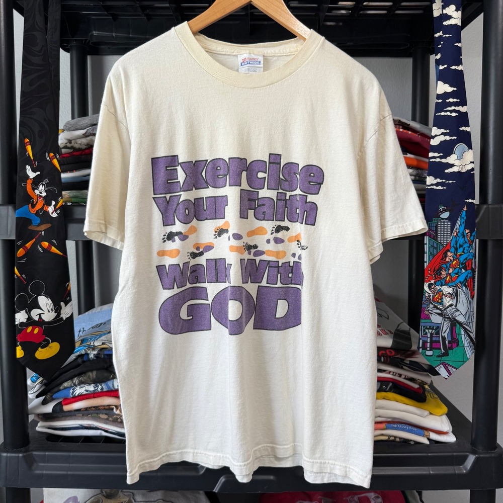 Vintage White Exercise Your Faith Walk With God Graphic Tee Large Light Marks